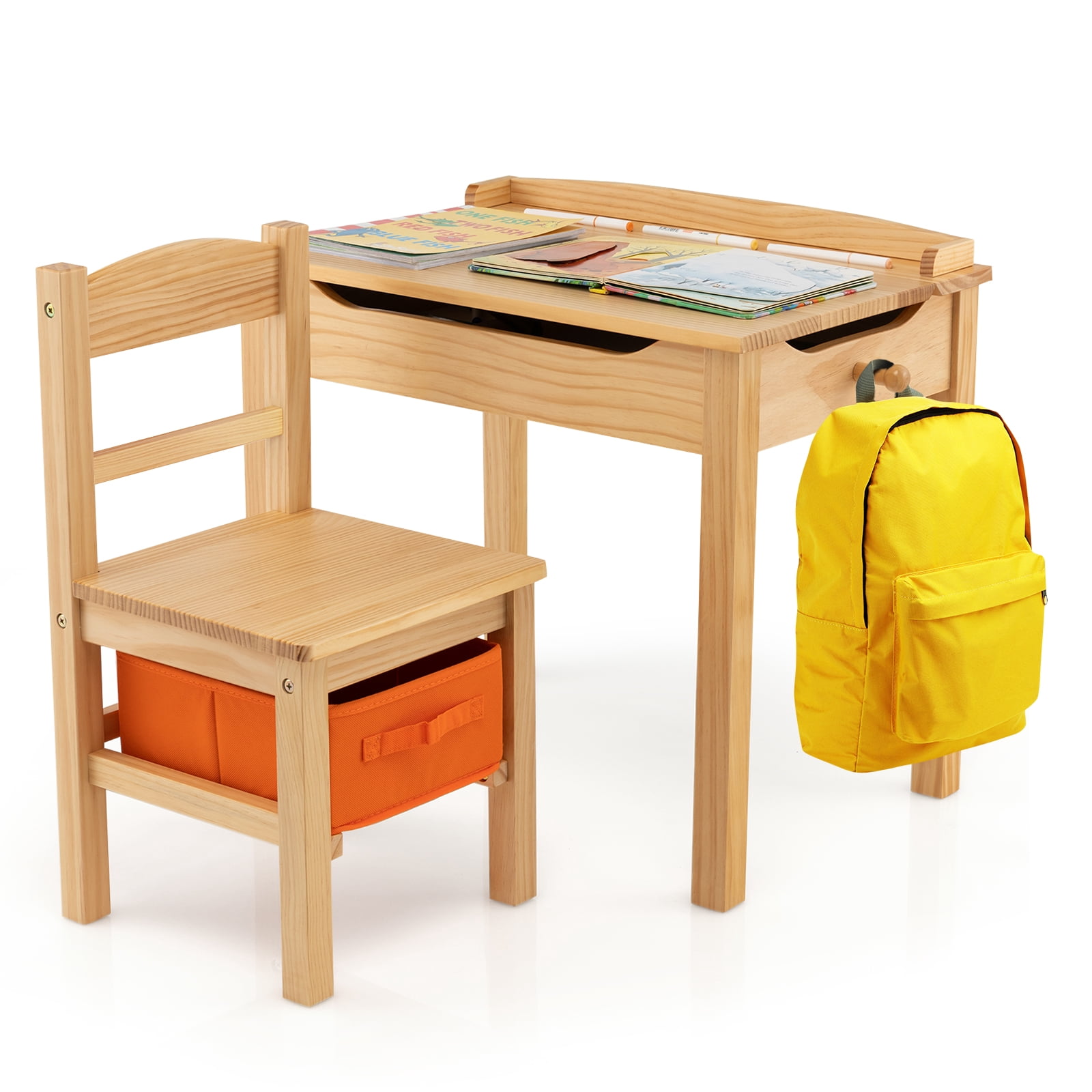 Gymax Kids Table and Chair Set Wood Activity Study Desk w/ Storage ...