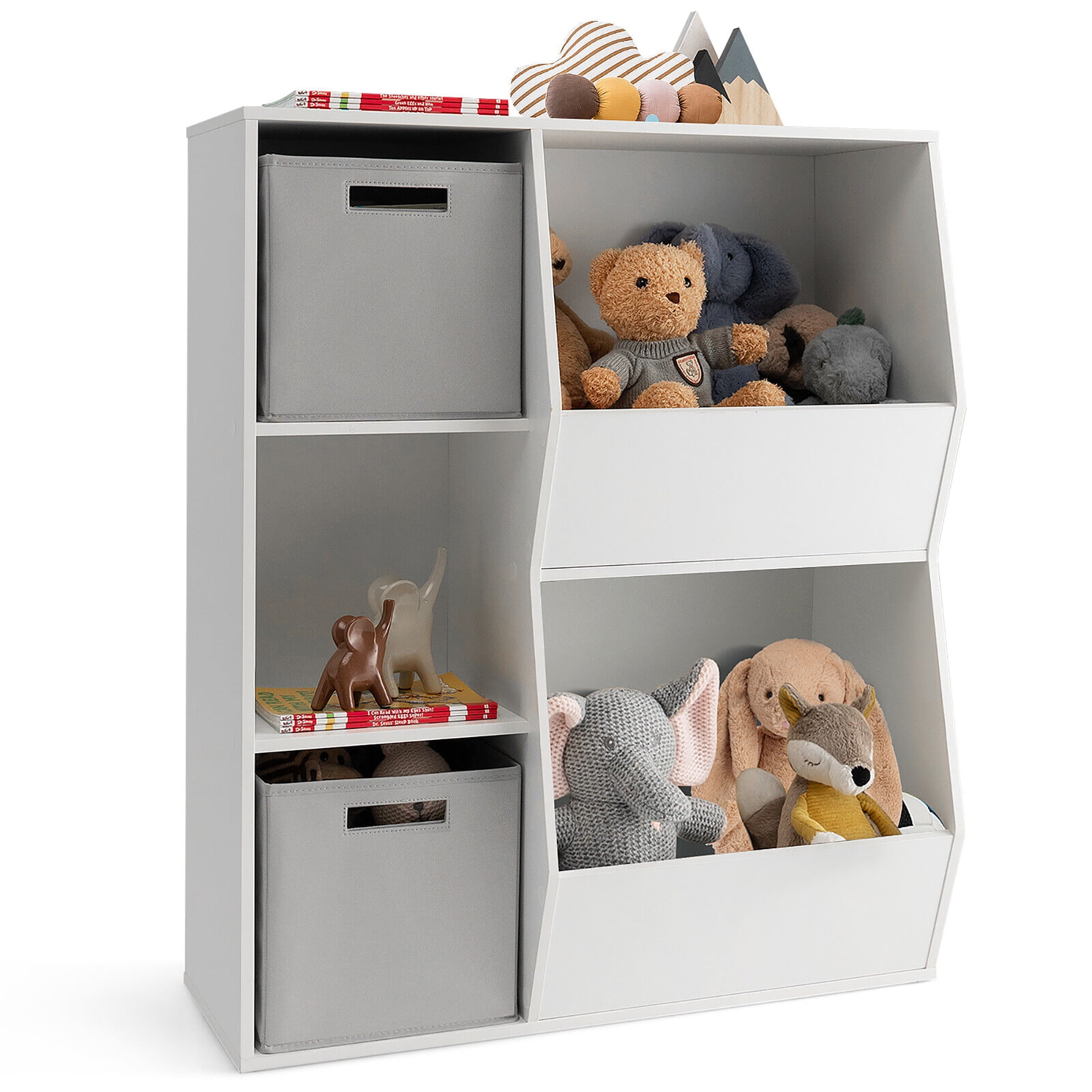 Gymax Kids Toy Storage Organizer 5 Cubbies Wooden Bookshelf Display Cabinet w Drawers
