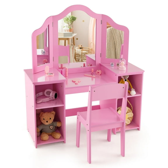 Gymax Kids Vanity 2 in 1 Princess Makeup Desk & Chair Set Safe Tri-fold Mirror Pink