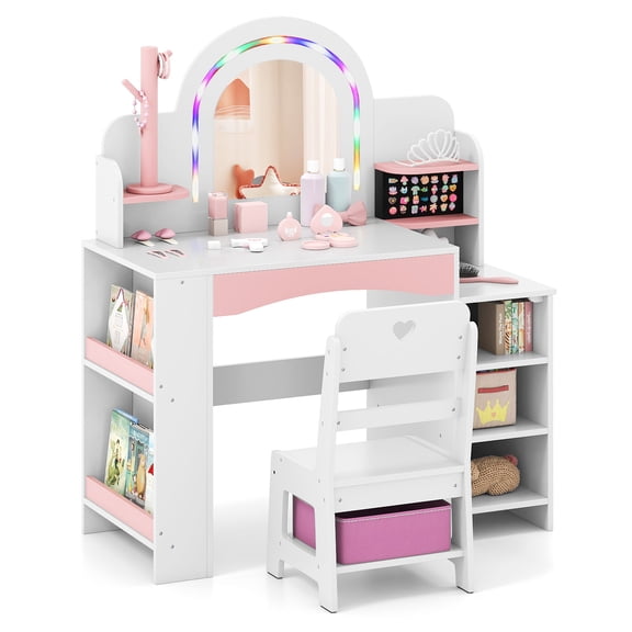Gymax Kids Vanity Desk w/Mirror & Lights Princess Pretend Play Makeup Table White