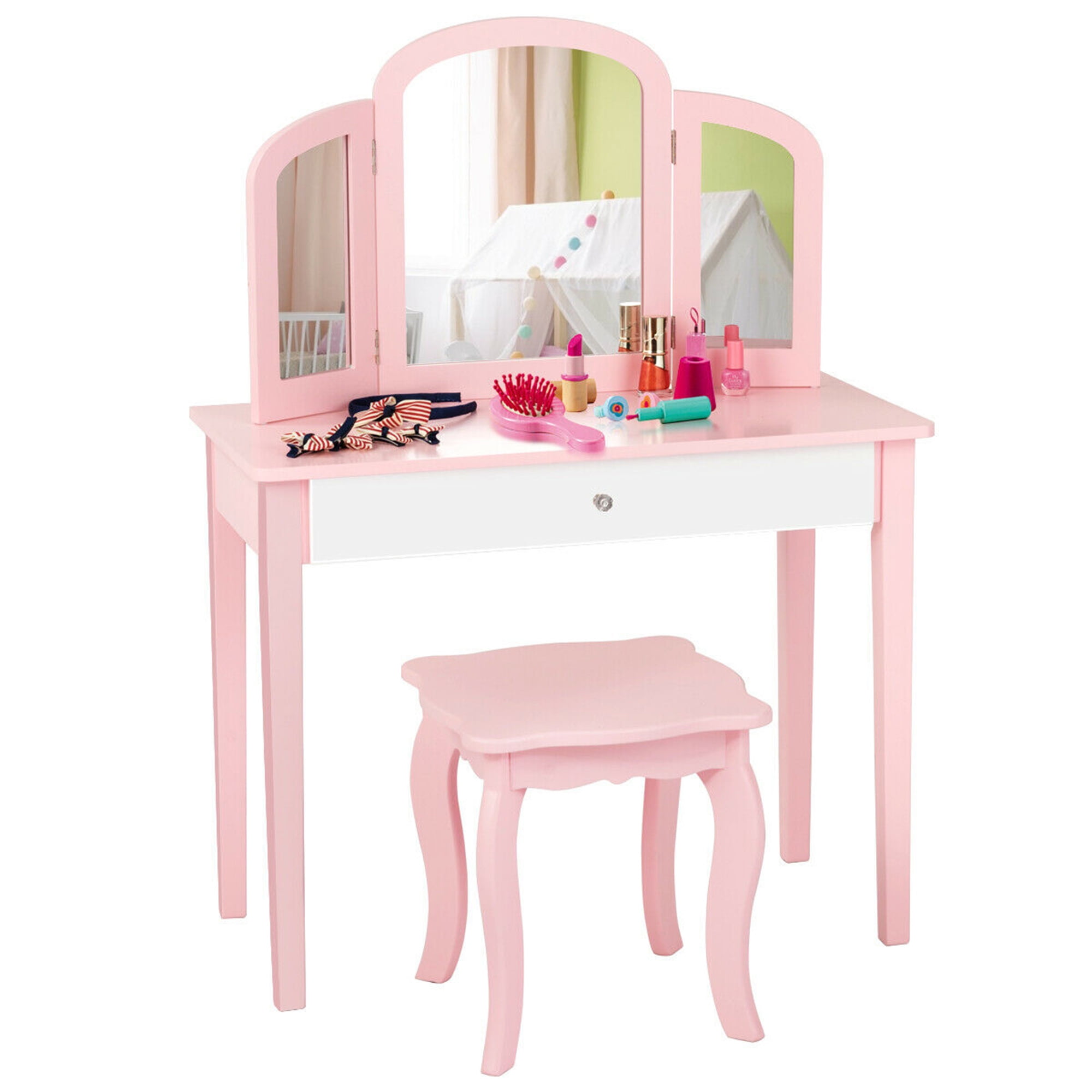 BRINJOY Kids Vanity Set with Mirror, Wooden Make Up Beauty 