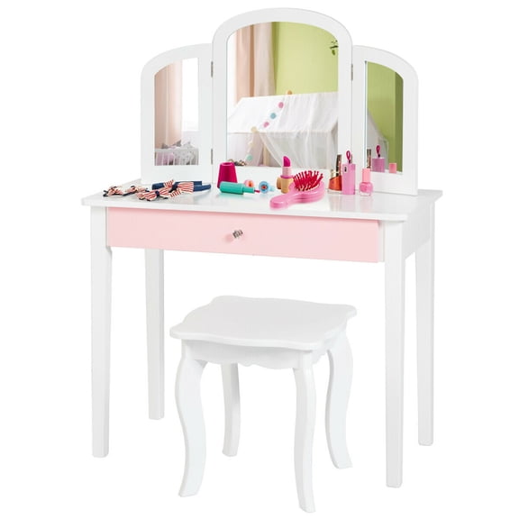 Gymax Kids Vanity Princess Make Up Dressing Table W/ Tri-folding Mirror & Chair White