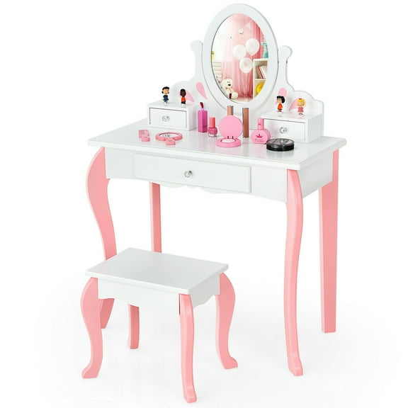 Gymax Kids Vanity Princess Makeup Dressing Table Stool Set W/ Mirror Drawer White