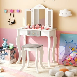 Kids Vanity Girls Vanity Set with Mirror and Stool Makeup Vanity with Lights and Storage Drawer Brightness Adjustable Wooden Dressing Table Pretend Play Kids Vanity Table and Chair Set Walmart