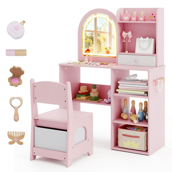 Gymax Kids Vanity Set Princess Girls Makeup Vanity Desk w/ 3-Color LED Lighted Mirror Pink
