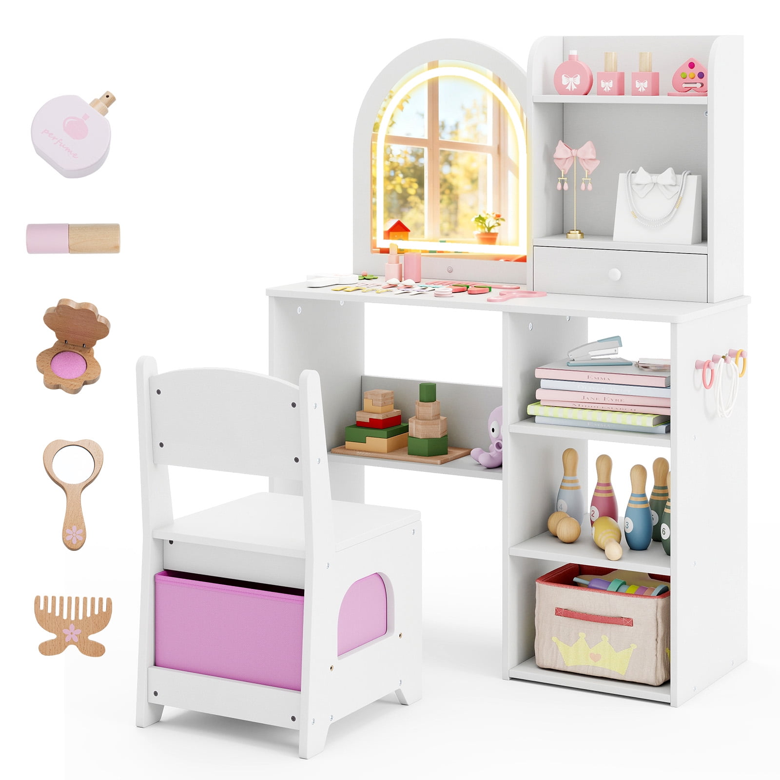 Gymax Kids Vanity Set Princess Girls Makeup Vanity Desk w/ 3-Color LED Lighted Mirror White
