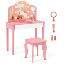 Gymax Kids Vanity Table Set 2-in-1 Princess Makeup Dressing Desk w/Mirror Stool Drawer Pink