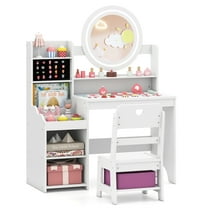 Gymax Kids Vanity Table Set w/ Lighted LED Mirror Princess Dressing Table w/ Chair White