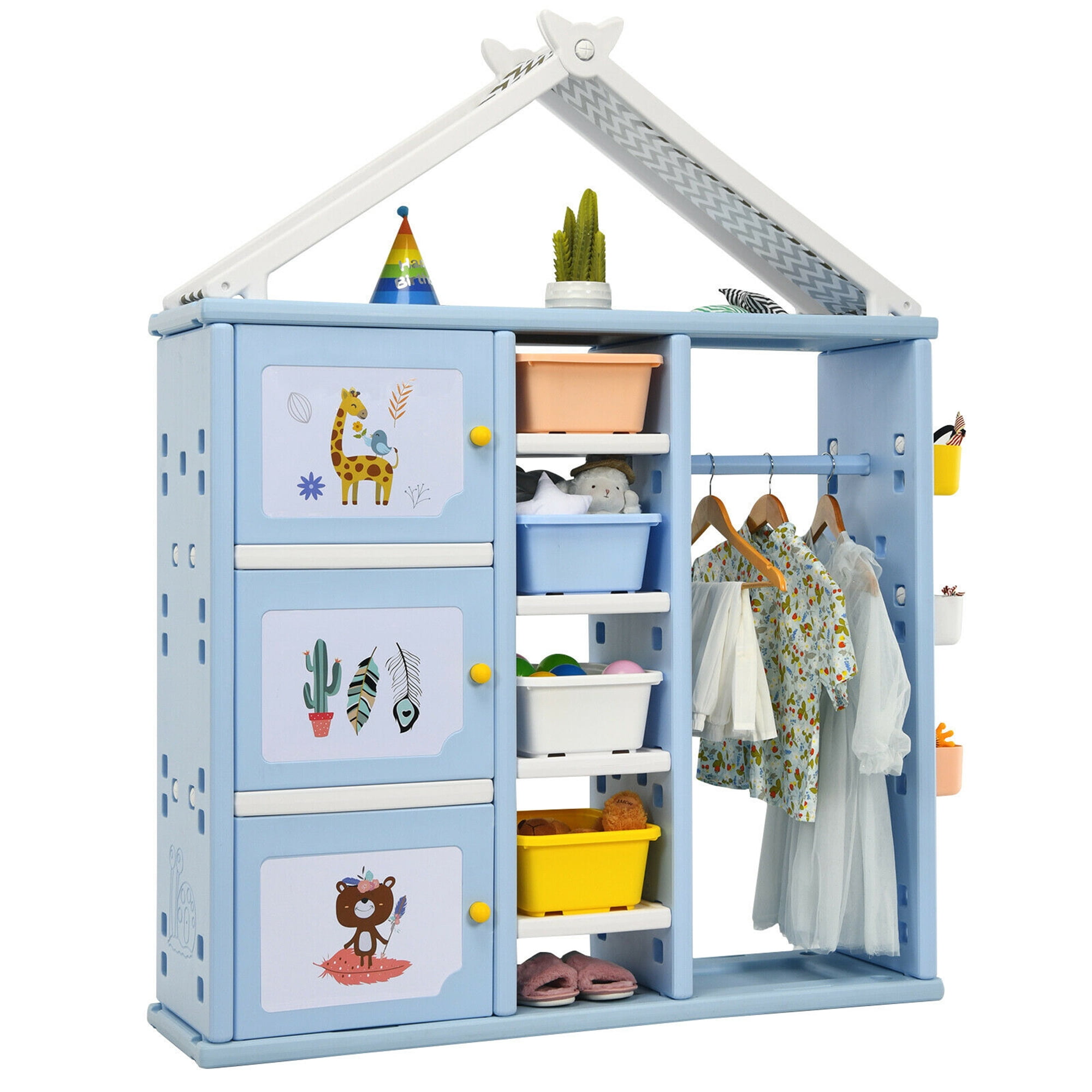 Gymax Kids Wardrobe Costume Storage Closet Pretend Dresser Hanging Armoire  Blue - Walmart.com