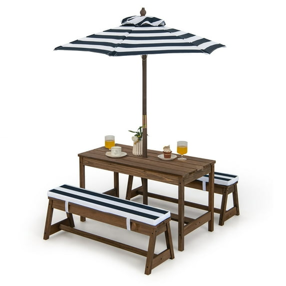 Gymax Kids Wood Picnic Table and Bench Set w/ Cushions Umbrella for Indoor Outdoor Blue