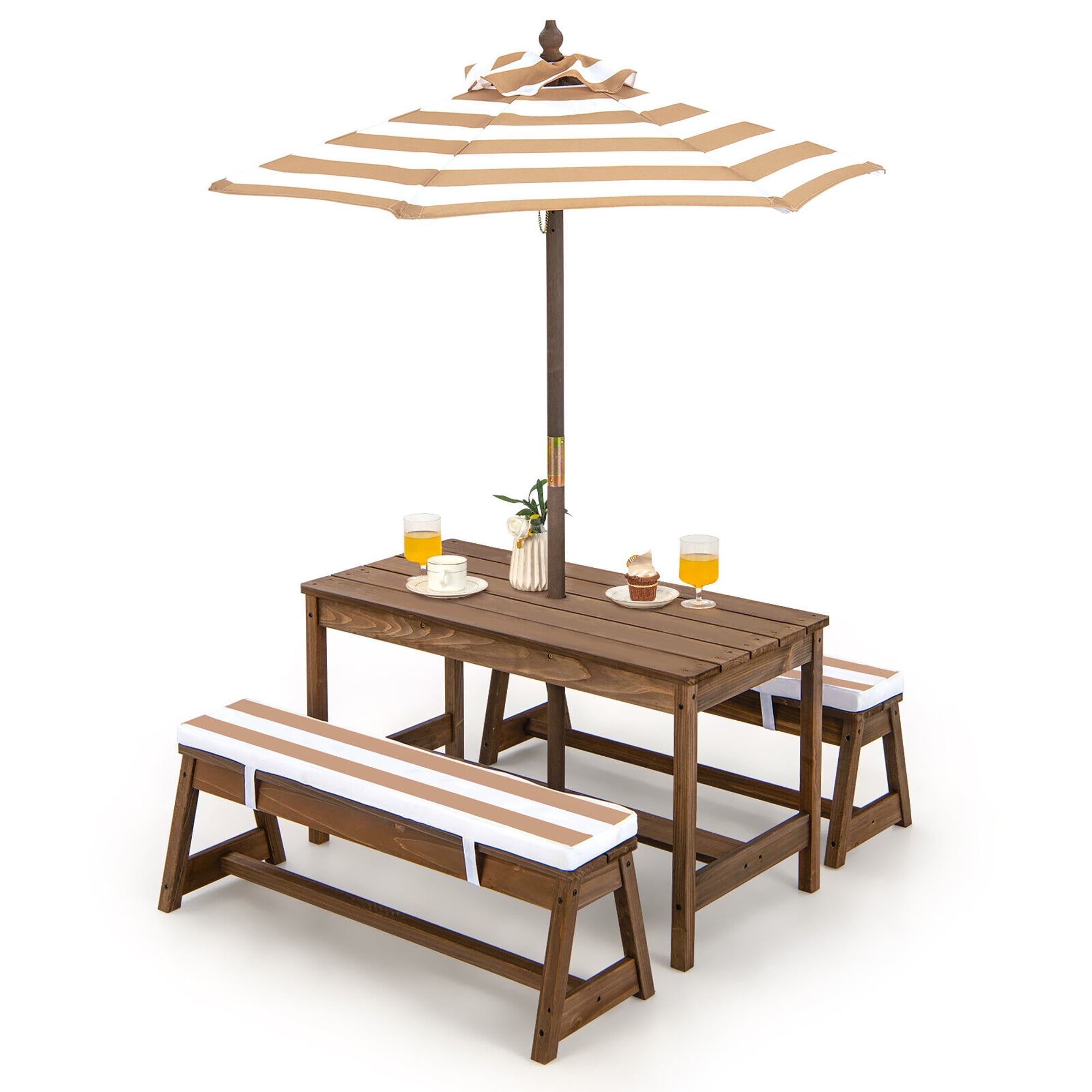 Free Shipping Gymax Kids Wood Picnic Table and Bench Set w Cushions Umbrella for Indoor Outdoor Brown Walmart