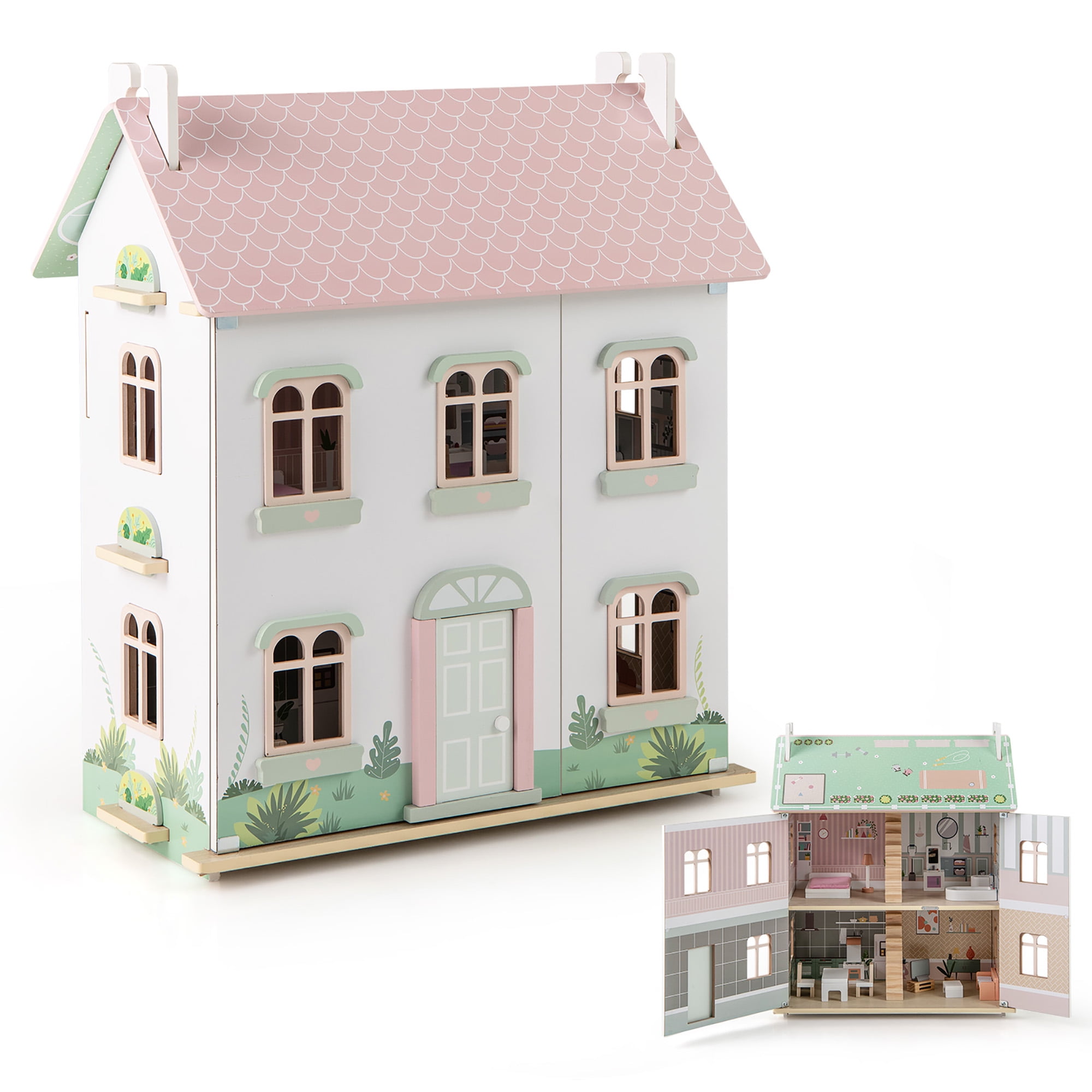 Gymax Kids Wooden Dollhouse w/ Double-Sided Roofs & Openable Doors Rich Furniture
