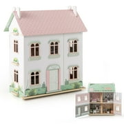 Gymax Kids Wooden Dollhouse w/ Double-Sided Roofs & Openable Doors Rich Furniture