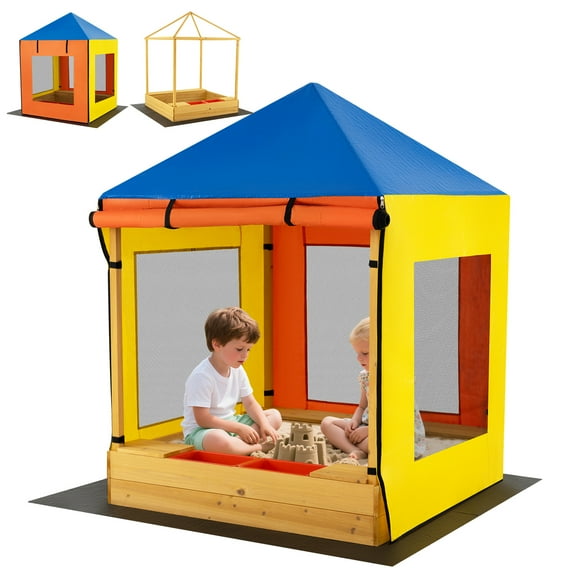 Gymax Kids Wooden Sandbox w/ Canopy  Sand Pit w/ Windows & Curtains Bench & Storage