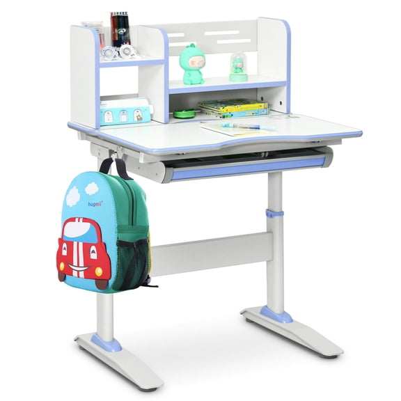 Gymax Kids Writing Desk Student Study Table Height Adjustable w/Tilt Desktop Blue