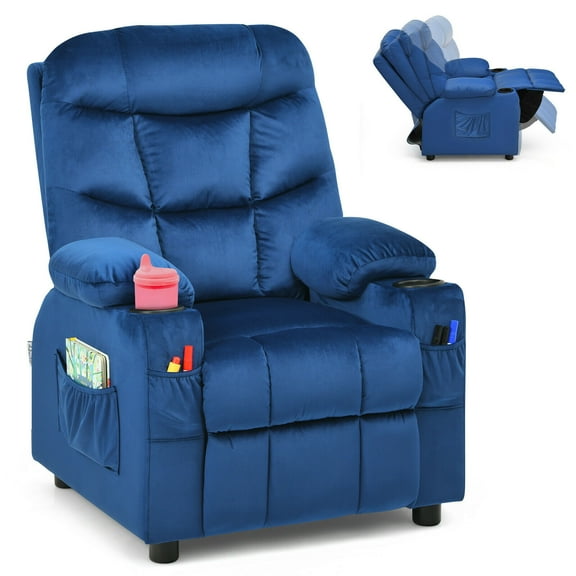 Gymax Kids Youth Recliner Chair Velvet Fabric w/Cup Holder & Side Pocket Blue