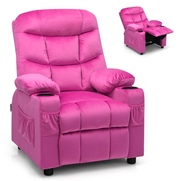 Gymax Kids Youth Pink Reclining Chair with Velvet Fabric, Cup