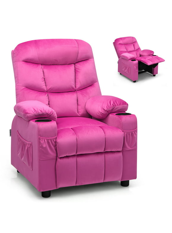 Gymax Kids Youth Recliner Chair Velvet Fabric w/Cup Holder & Side Pocket Pink