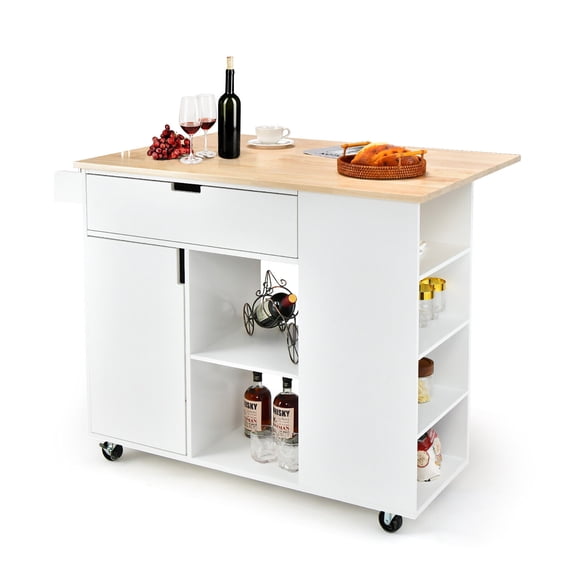 Gymax Kitchen Island Cart Rolling Serving Trolley w/ Drop Leaf Spice Rack Shelves White