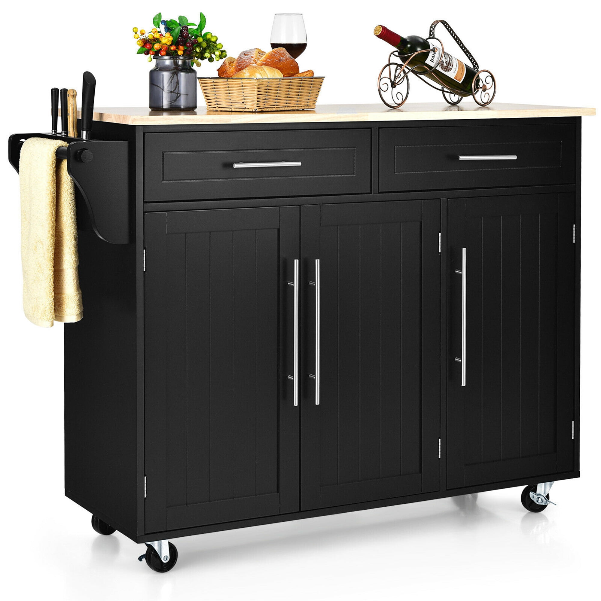 Gymax Kitchen Island Trolley Cart Wood Top Rolling Storage w/Knife Block Black