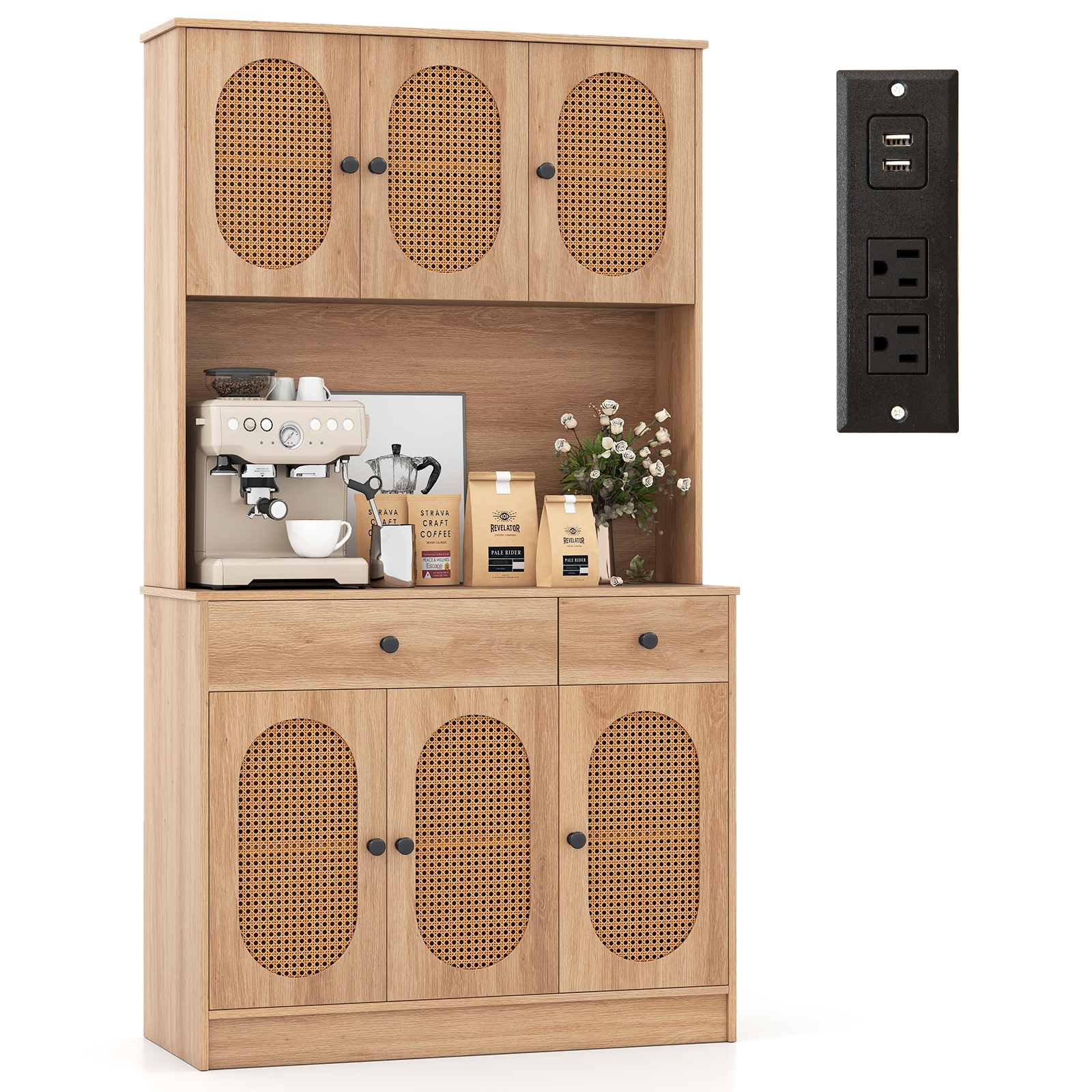Gymax Kitchen Pantry Cabinet w/ Charging Station 71'' Tall Kitchen Buffet Cabinet