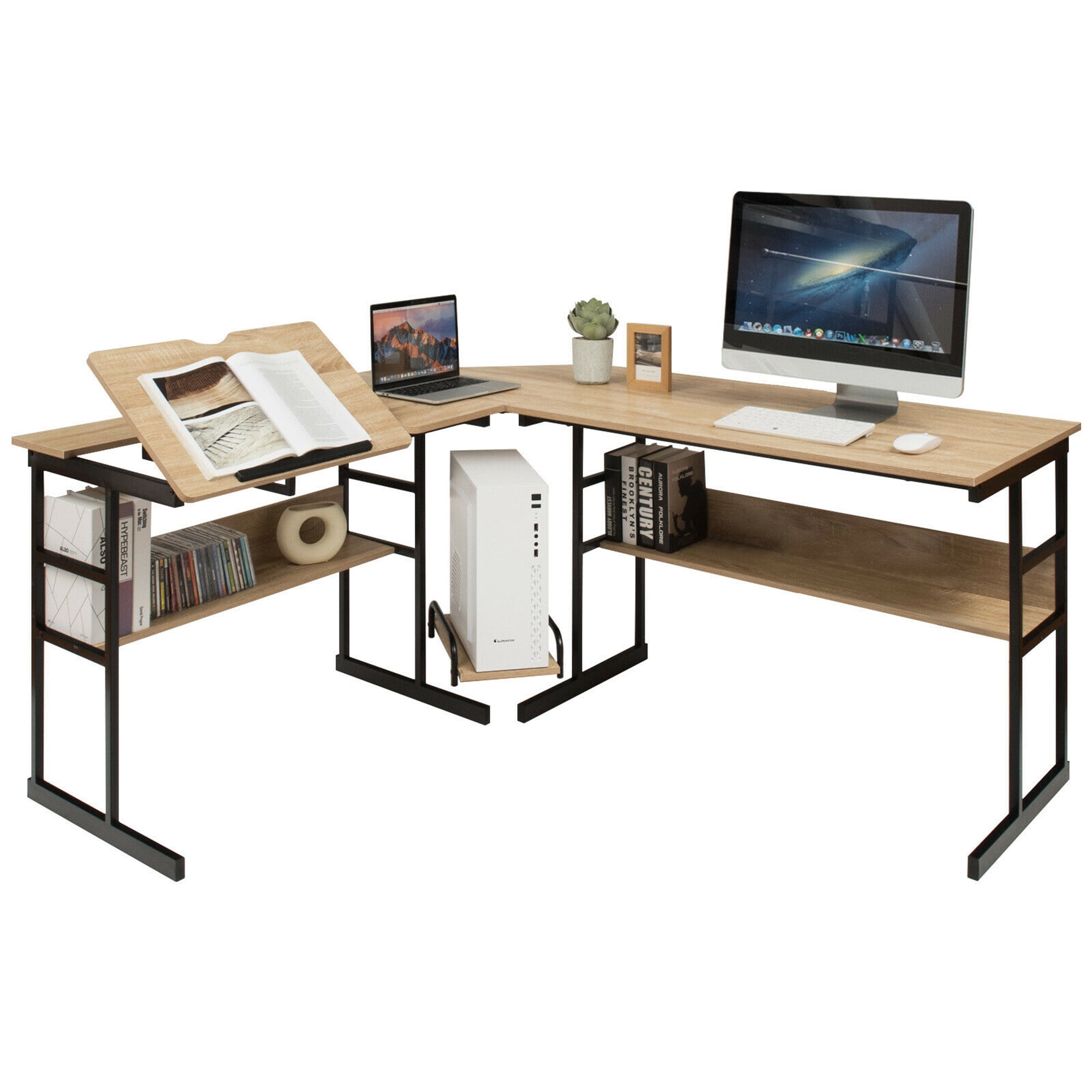 Stand Up Desk Store 48 Crank Adjustable Height Split Level Drafting Table Ergonomic Desk with Monitor Shelf (White/Birch)