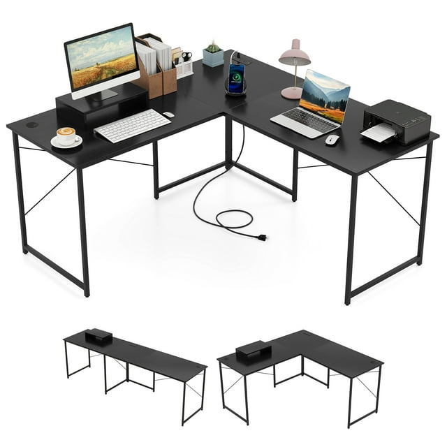 Gymax L-Shaped Reversible Computer Desk 2-Person Long Table w/Monitor Stand Black