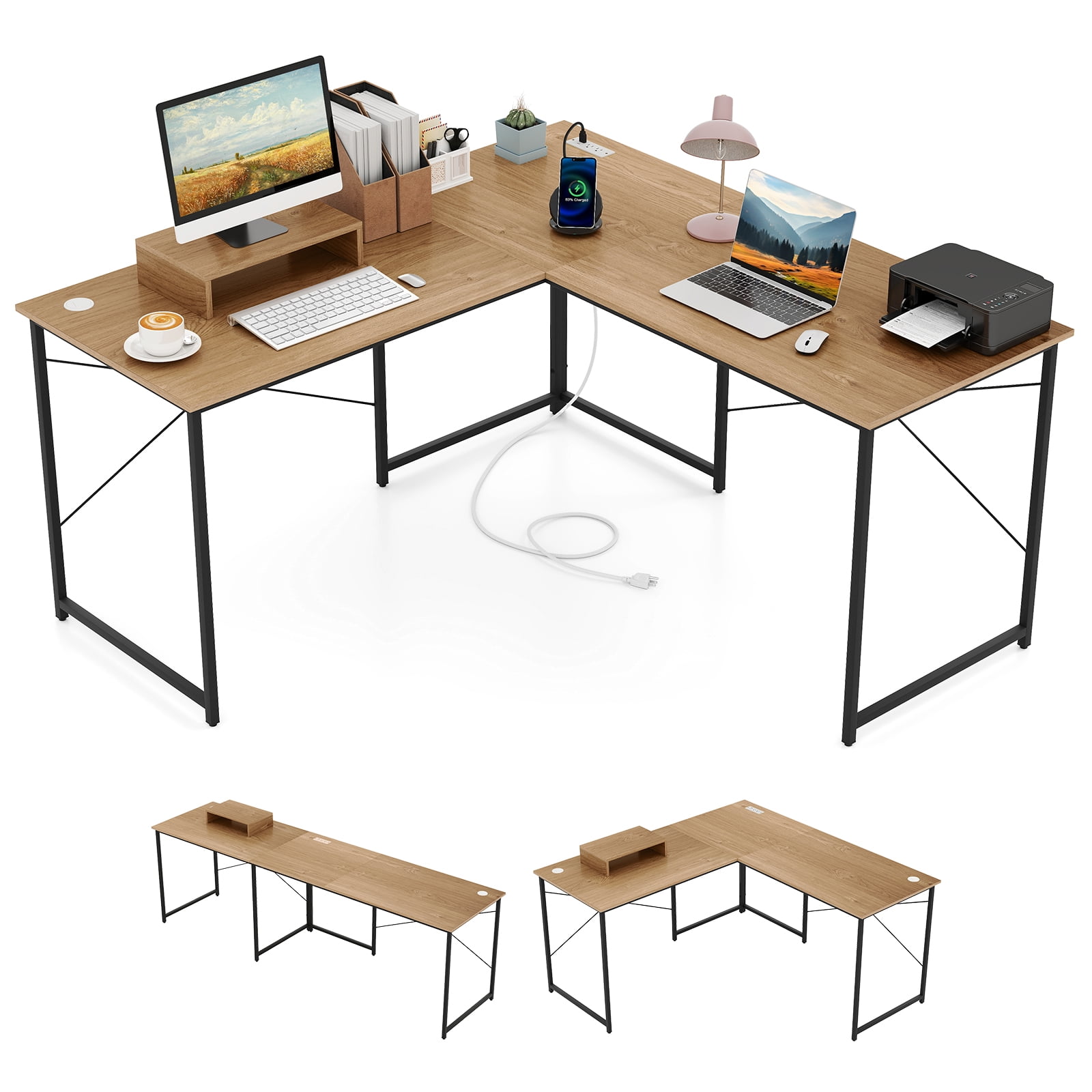 Gymax L-Shaped Reversible Computer Desk 2-Person Long Table w/Monitor Stand Natural