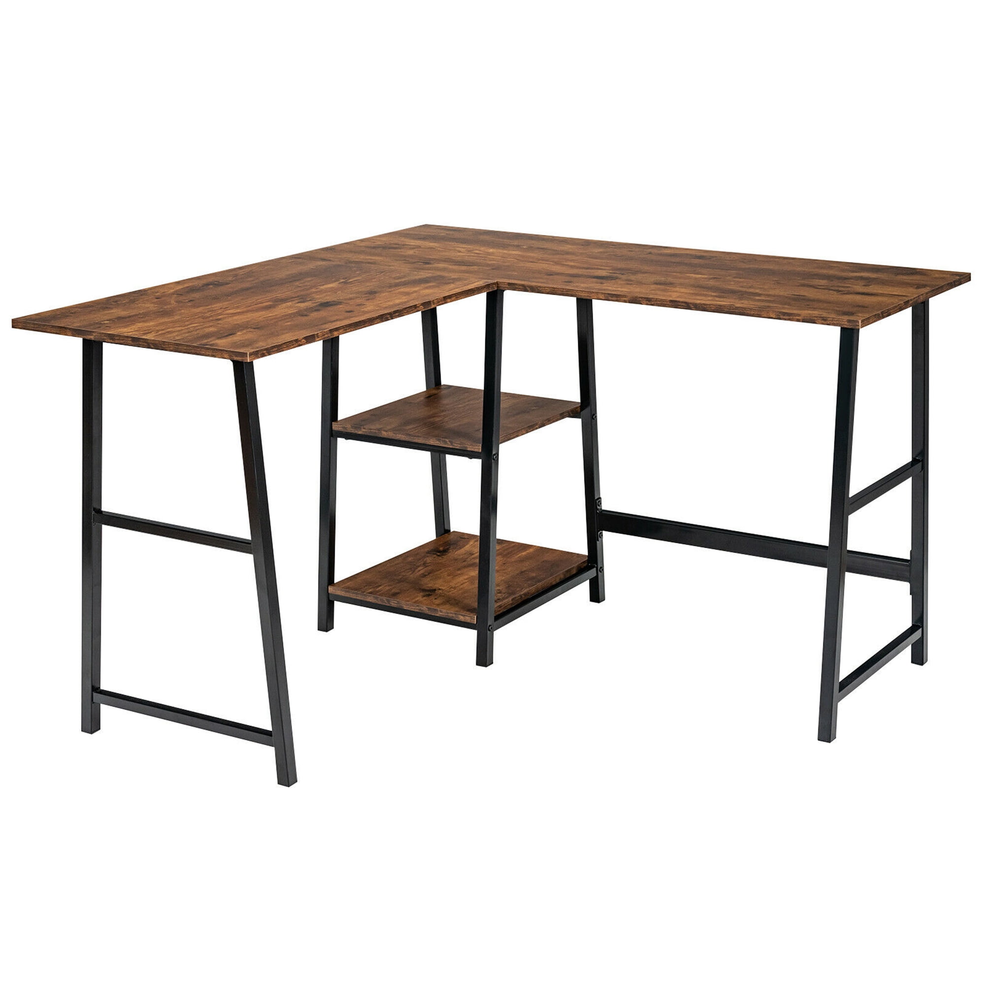 Gymax L Shaped Study Table Corner Computer Desk w/Storage Shelves Brown
