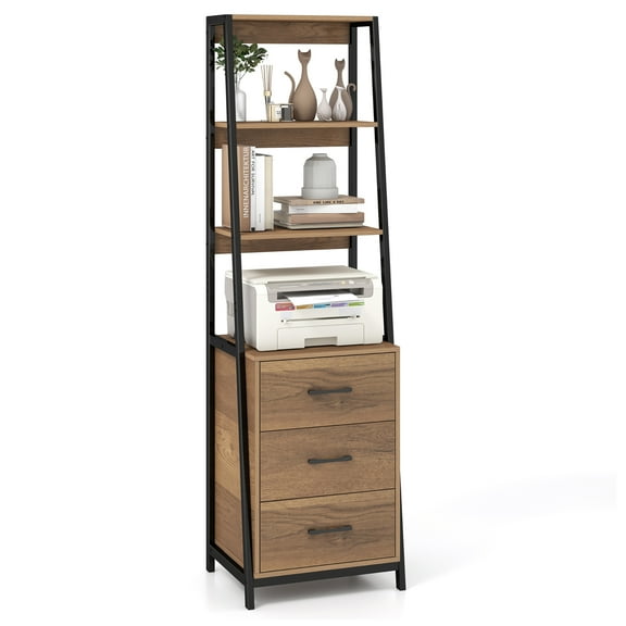Gymax Ladder Bookshelf Tall Bookcase w/ 3 Open Shelves Printer Stand 3 Storage Drawers Natural