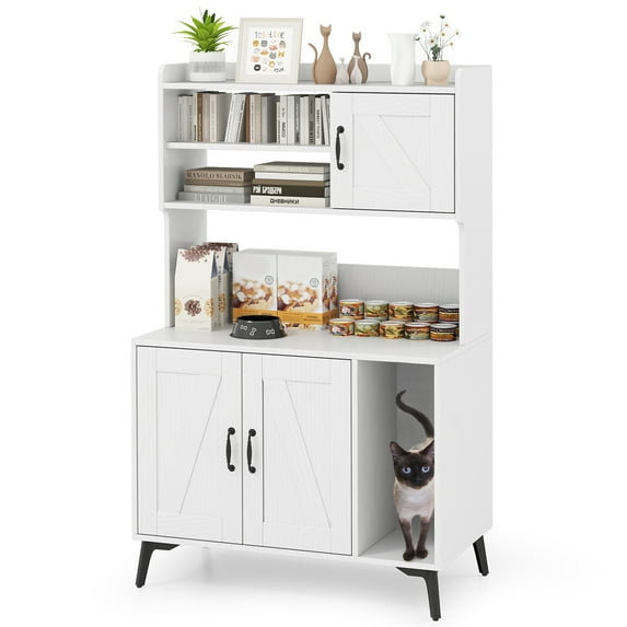 Gymax Large Cat Litter Box Enclosure w/ Display Storage Shelves Hidden Cat Furniture White