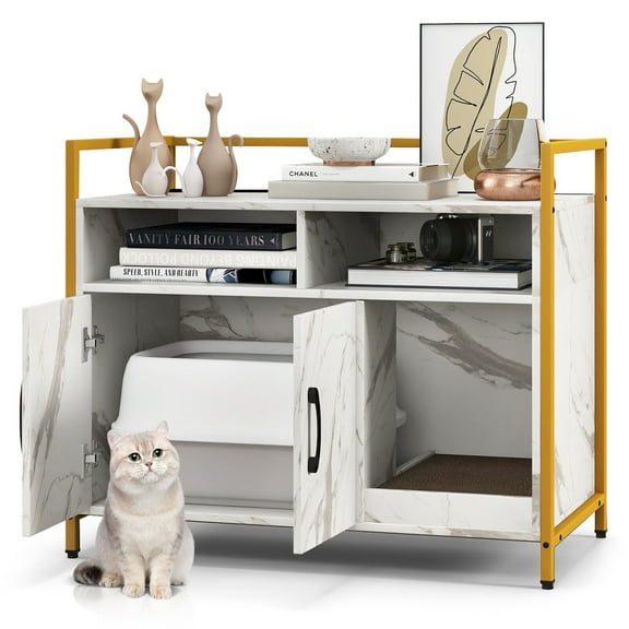 Gymax Large Litter Box Enclosure Cat Wooden Storage Cabinet with 2 Doors Marble White