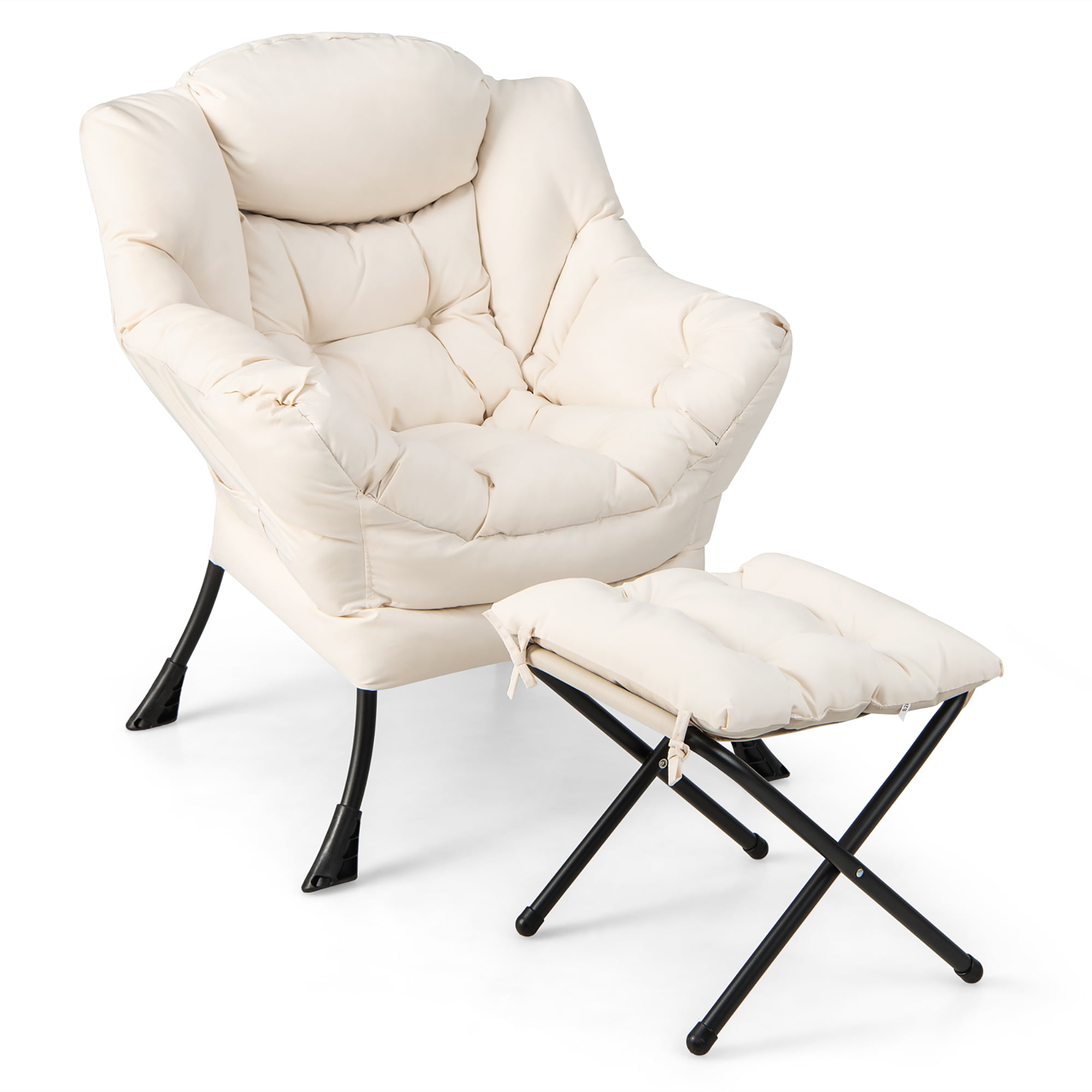 Cozy Off-White Metal Accent Chair with Footrest