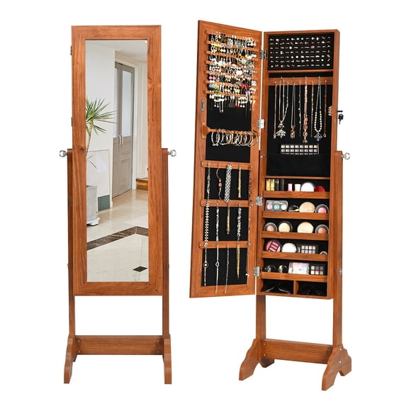 Gymax Lockable Jewelry Cabinet Armoire Standing Jewelry Holder Organizer with Mirror