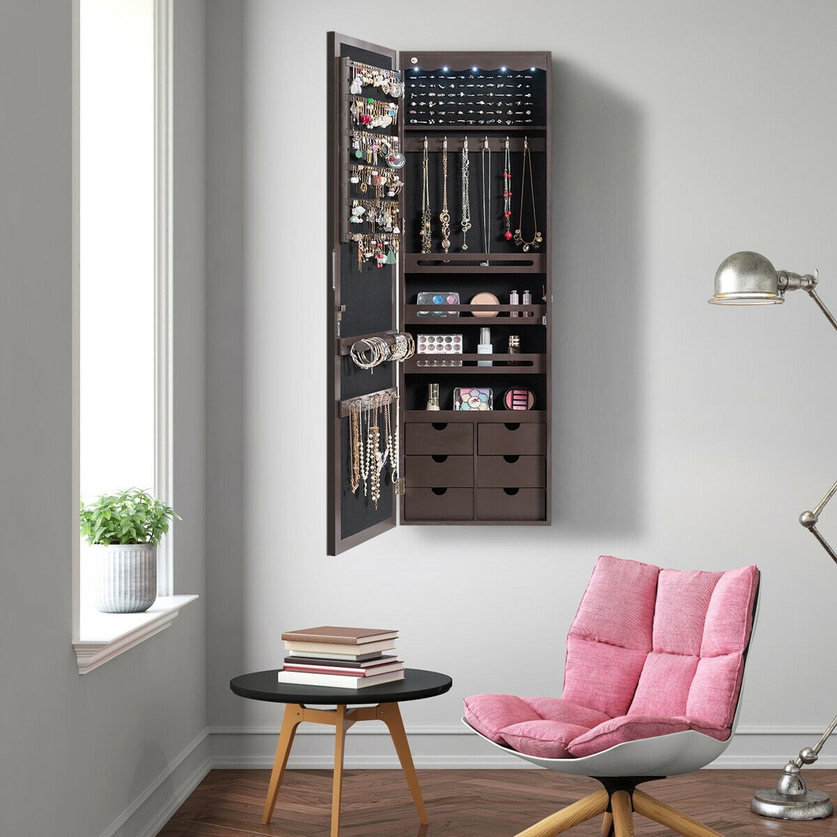 Gymax Lockable Wall Door Mounted LED Mirror Jewelry Cabinet LED Mirror Brown