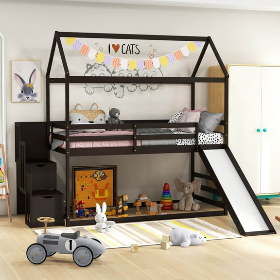 Gymax Loft Bed w/ Slide & Storage Staircase Twin Over Twin House-shaped Bunk Bed Espresso