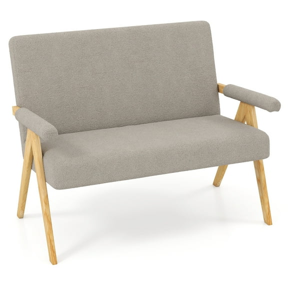 Gymax Loveseat Sofa Upholstered Sherpa Couch w/Armrests & Wooden Legs for Living Room Gray