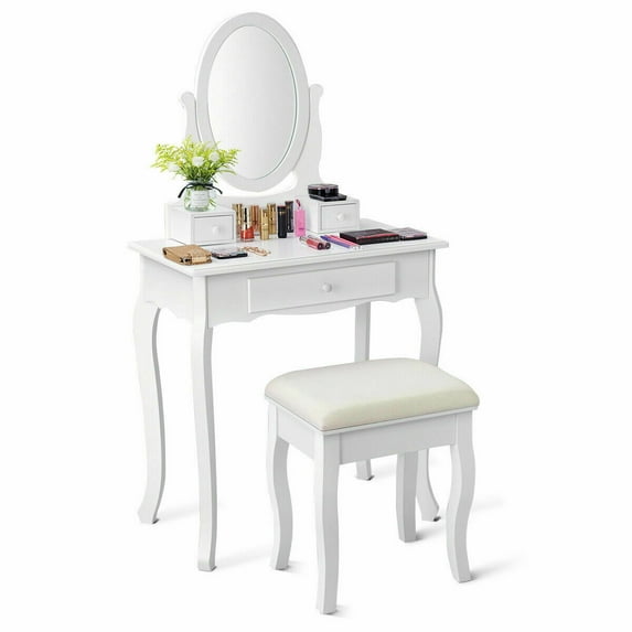 Gymax Makeup Dressing Table Stool Set w/ Drawers Mirror Vanity Set White