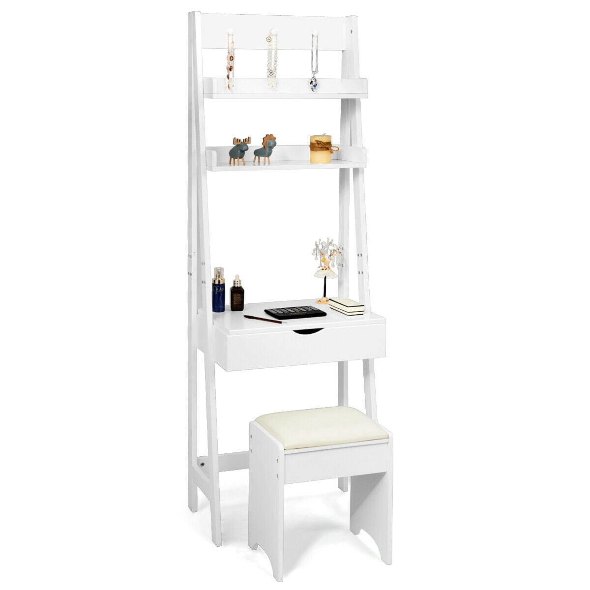 Gymax Makeup Dressing Table Vanity Set with Flip Top Mirror Hooks Shelves