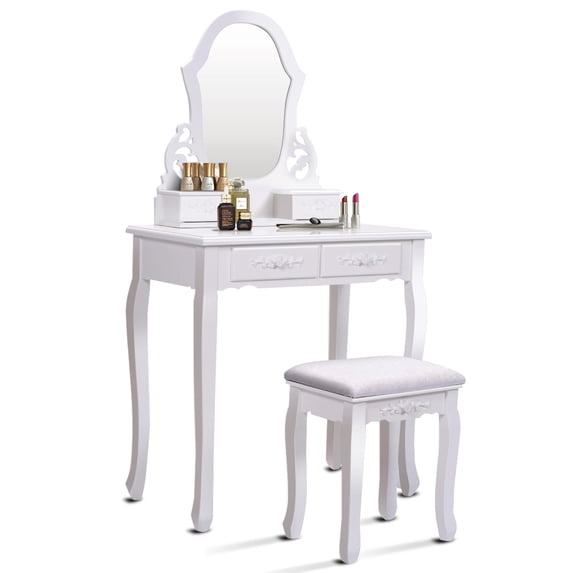 Gymax Makeup Dressing Vanity Table Set w/ Mirror 4 Drawers Wooden Stool White