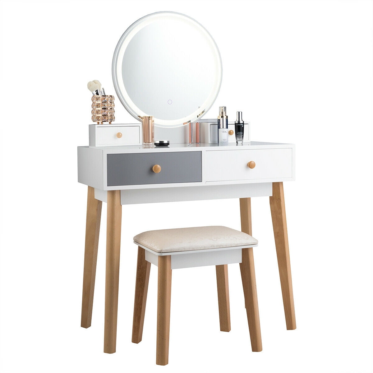 Gymax Makeup Dressing Vanity Table Set W Touch Screen Dimming Mirror Stool