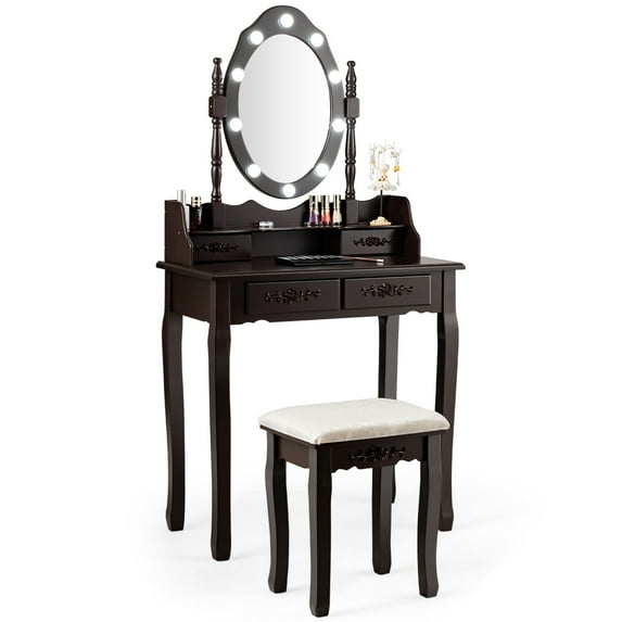 Gymax Makeup Vanity Dressing Table Set w/10 Dimmable Bulbs Cushioned Stool Brown