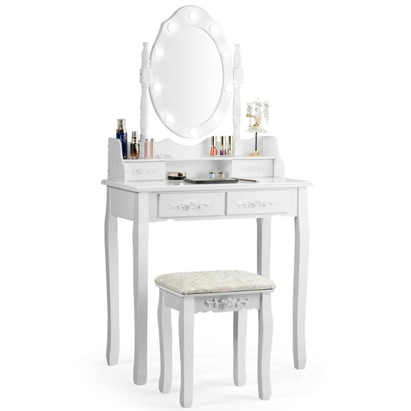 Gymax Makeup Vanity Dressing Table Set w/10 Dimmable Bulbs Cushioned Stool White