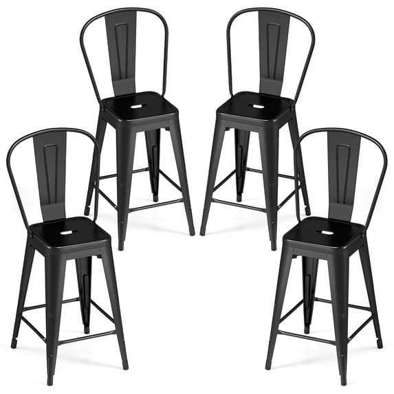 Gymax Metal Bar Stools Set of 4 24'' Counter Height Barstools w/ Backrests&Footrests Black