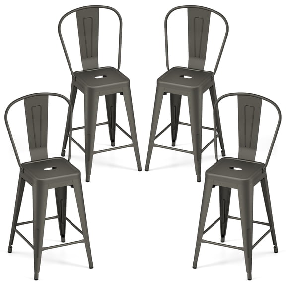Gymax Metal Bar Stools Set of 4 24'' Counter Height Barstools w/ Backrests&Footrests Gun Metal
