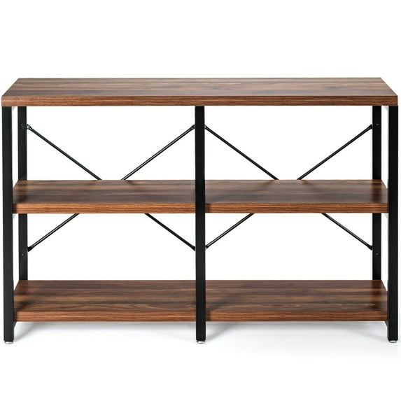 Gymax Metal Frame 3 Tier Console Table, Brown/Black