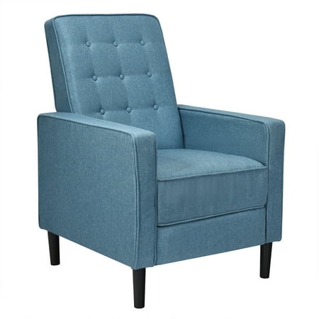 Gymax Mid-Century Push Back Recliner Chair Fabric Tufted Single Sofa w/Footrest Blue