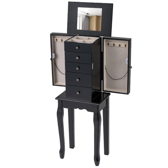 Gymax Mirrored Armoire Jewelry Cabinet Free Standing Organizer Storage Box Chest Black