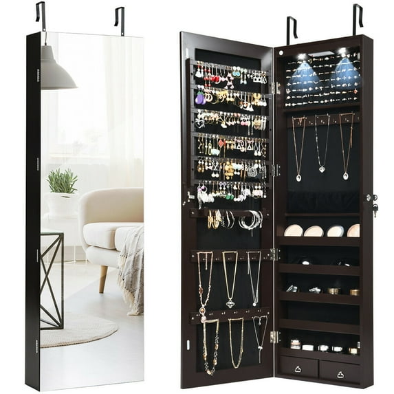 Gymax Mirrored Wall & Door Mounted Jewelry Storage Cabinet Organizer W/ Lights&Drawer