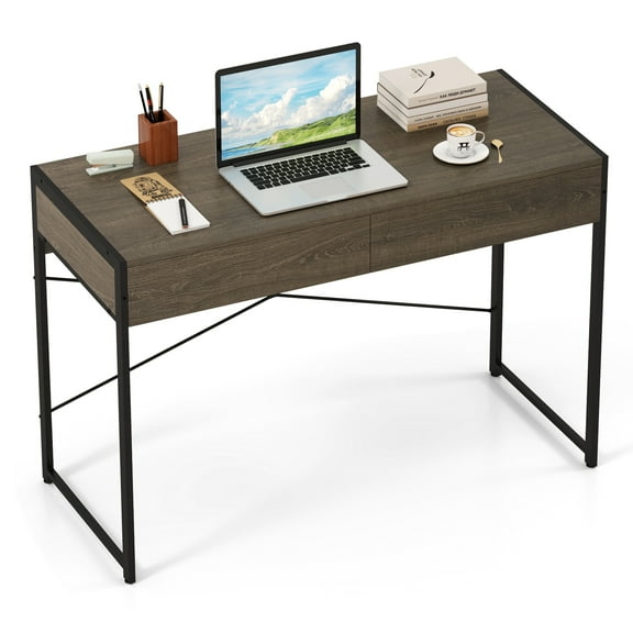 Gymax Modern 2-Drawer Computer Desk w/ Reinforced Heavy-Duty Metal Frame Anti-Tip Kit